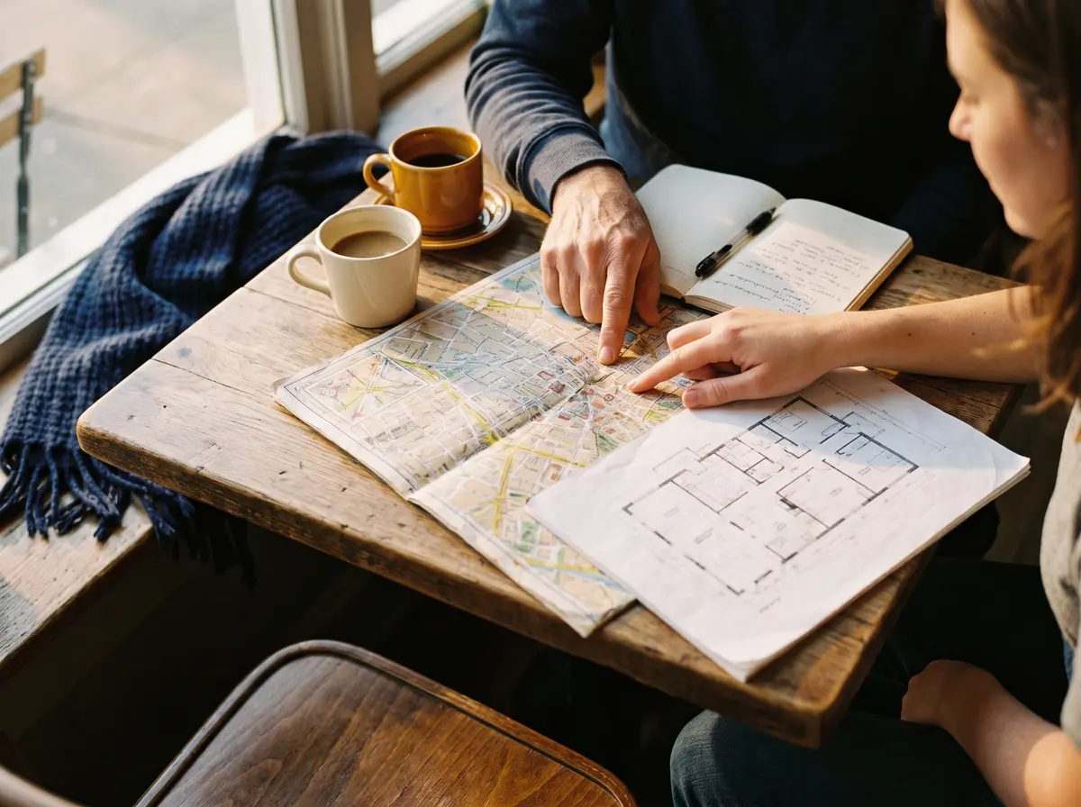 Two people discussing a city map and floor plans at a wooden table in warm light