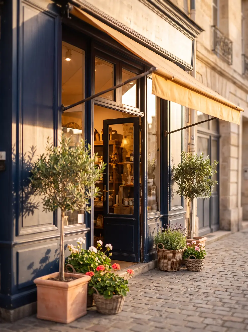 Small European shop with a dark blue wooden facade and a warm-toned awning in golden evening light